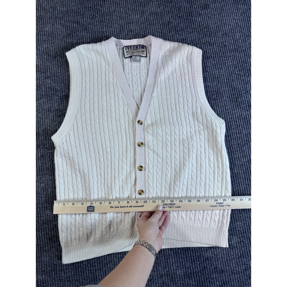 Vintage Ivy Crew White Cable-Knit Ramie Cotton Sweater Vest Button V-Neck Size L - Picture 4 of 5